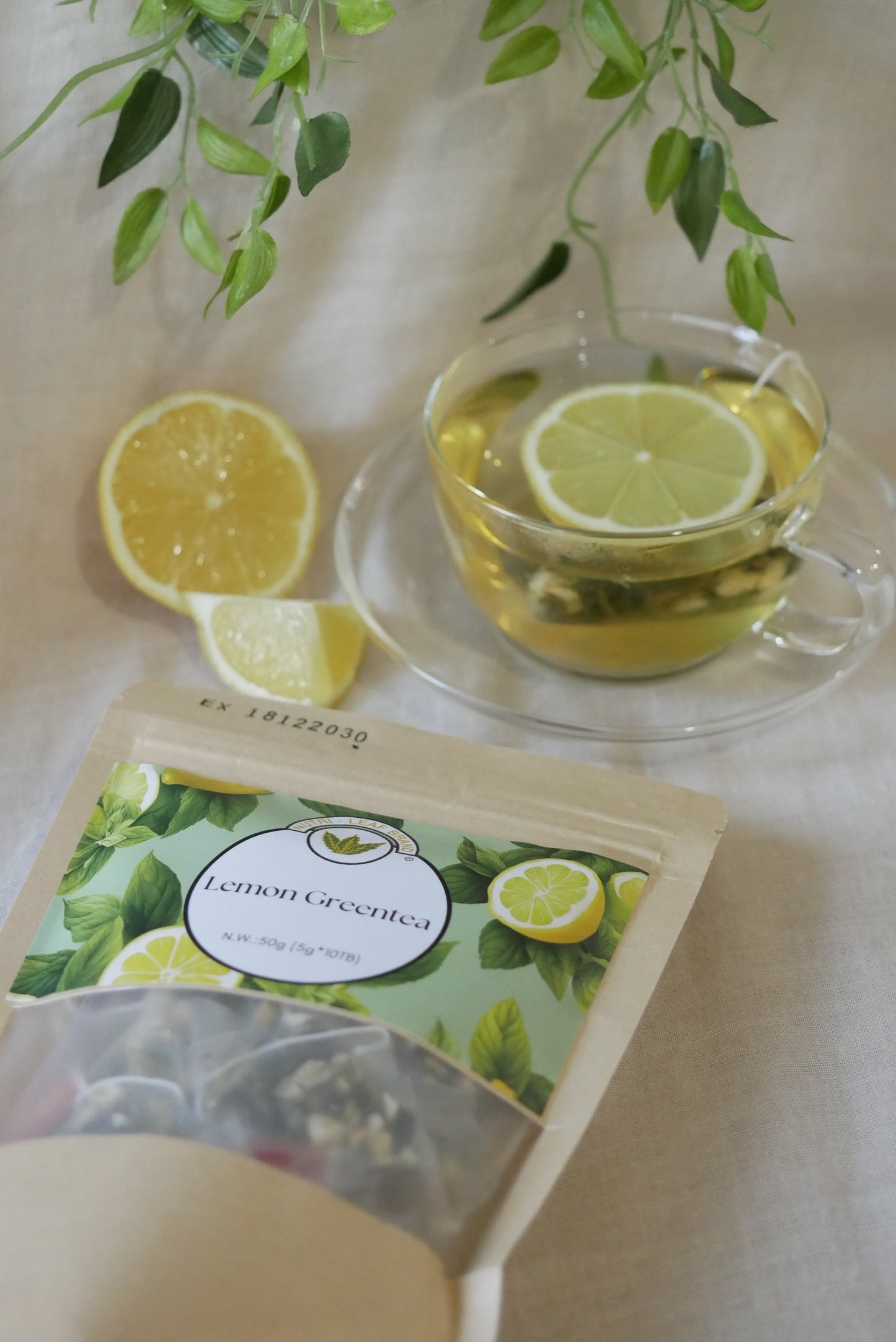 Clear cup with lemon slices, tea bag, and green leaves on a light surface