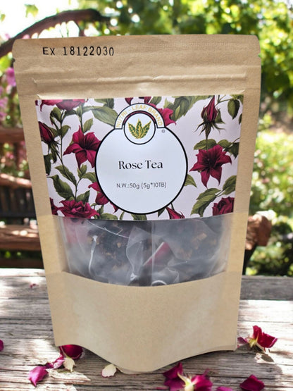 A package of Nutri-Leaf Brand Rose Tea with a clear window showing the dried rose petals inside. The packaging is primarily brown with a label featuring a floral design and the product name 'Rose Tea'.